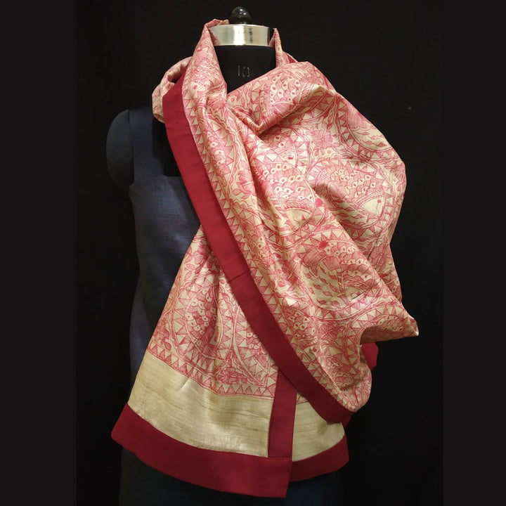 Aaoka Madhubani Painted Tussar Dupatta | Graceful | Artistic | Red & Beige