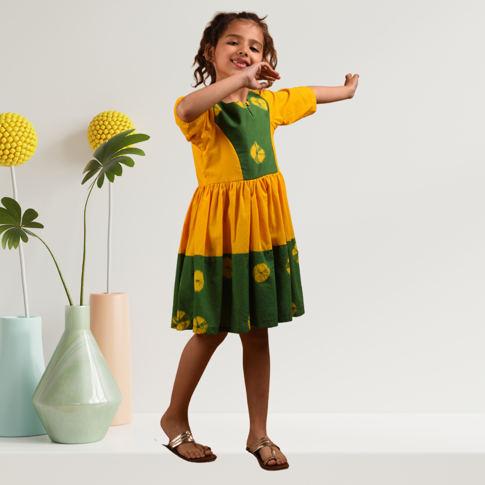 Bandhni Border Dress | Tye Dye | Kidswear | Cotton | Yellow And Green