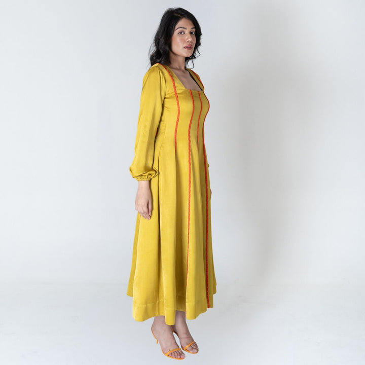 Yellow Maxi Dress | Orange Braid Embellished | Modal Silk | Statement Style