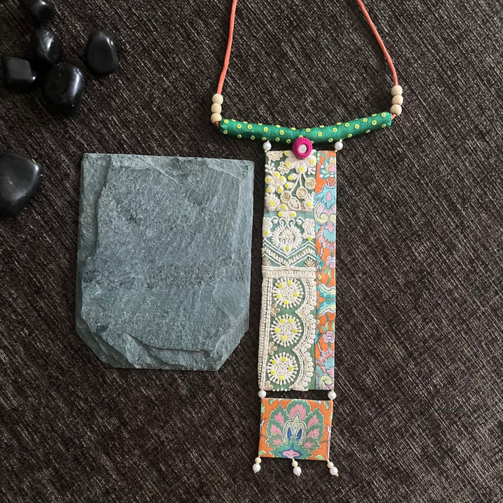 Orange and Green Long Necklace | Handcrafted Fabric Jewelry | Unique Ethnic Look