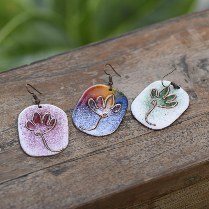 Lotus Pattern Unique Copper Enamel Dangler Earring | Hand-crafted