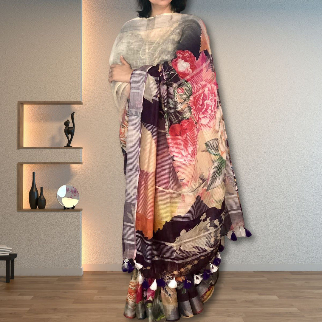 Ivory & Violet Floral Linen Saree | Refreshing and Vibrant | Striking Stylish