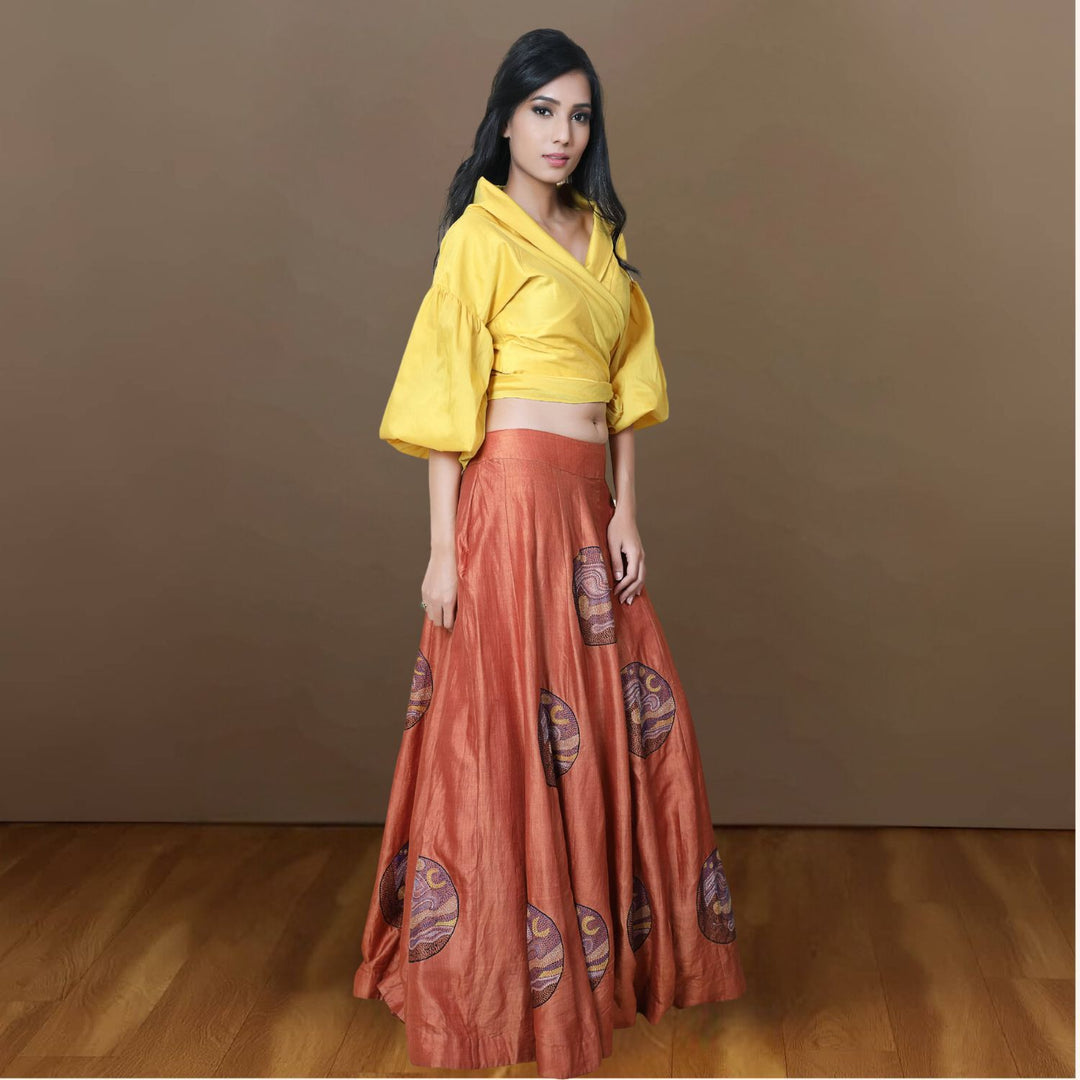 Renee Eri Tussar Silk Lehenga Set | Sujani Embroidered | Modern | Yellow & Rust