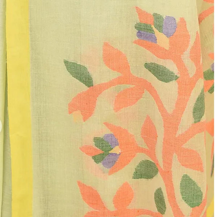 Pastel Green Handcrafted Cotton Mul Mul Saree | Floral Motif Jamdani | Graceful