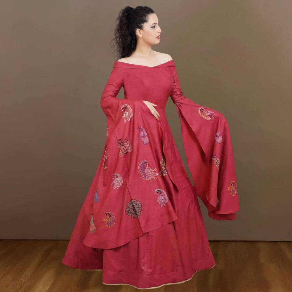 Trishika Tussar Silk Gown | Sujani-Embroidered | Smart Classy Look | Garnet Maroon