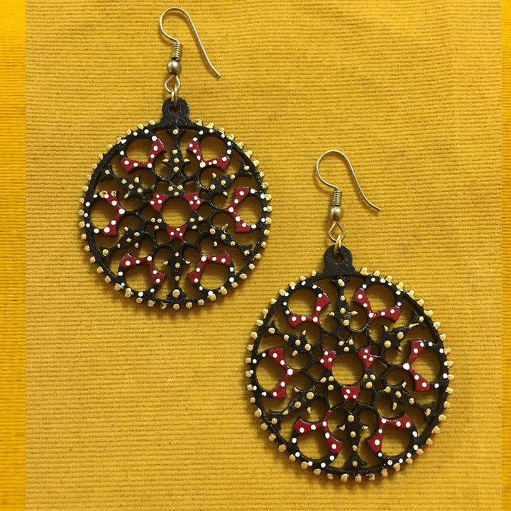 Black Round Drop Earrings | Painted Tikuli Art | Artistic | Ethnic Jewelry