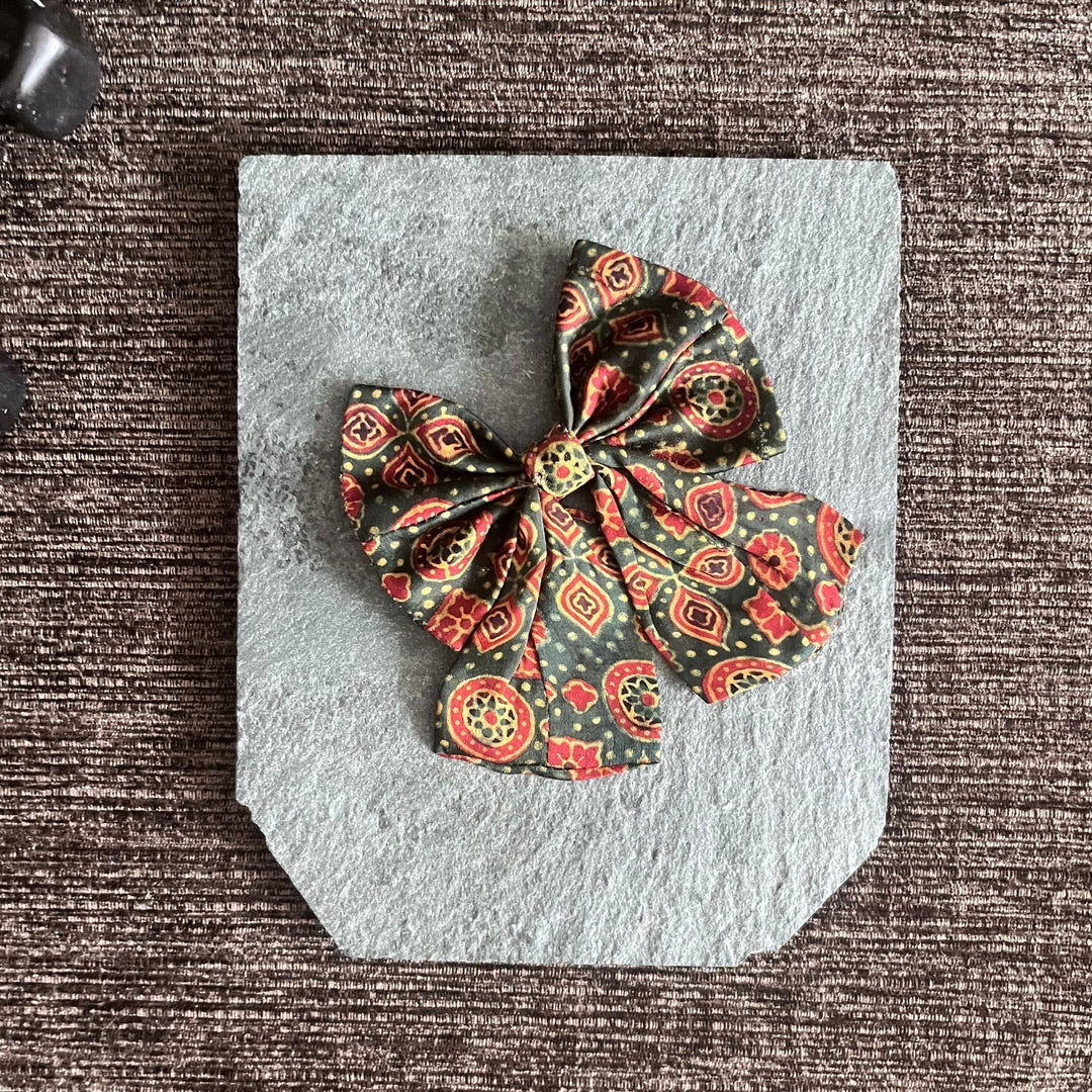 Knotted Bow Hair Clip  | Hand Crafted Accessory For Girls | Made of Green Ajrakh