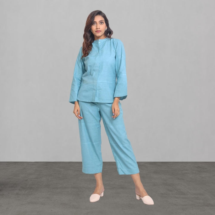 Co-ord Set Of Top And Pant For Women | Ocean Blue Cotton | Office Wear