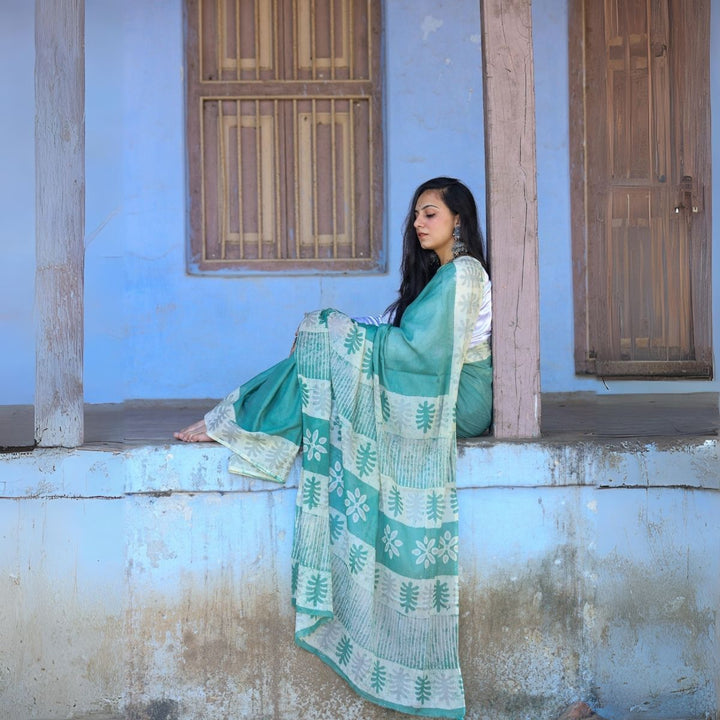 Sea Green Muslin Saree For Women | Artistic Batik Printed | Office Wear 