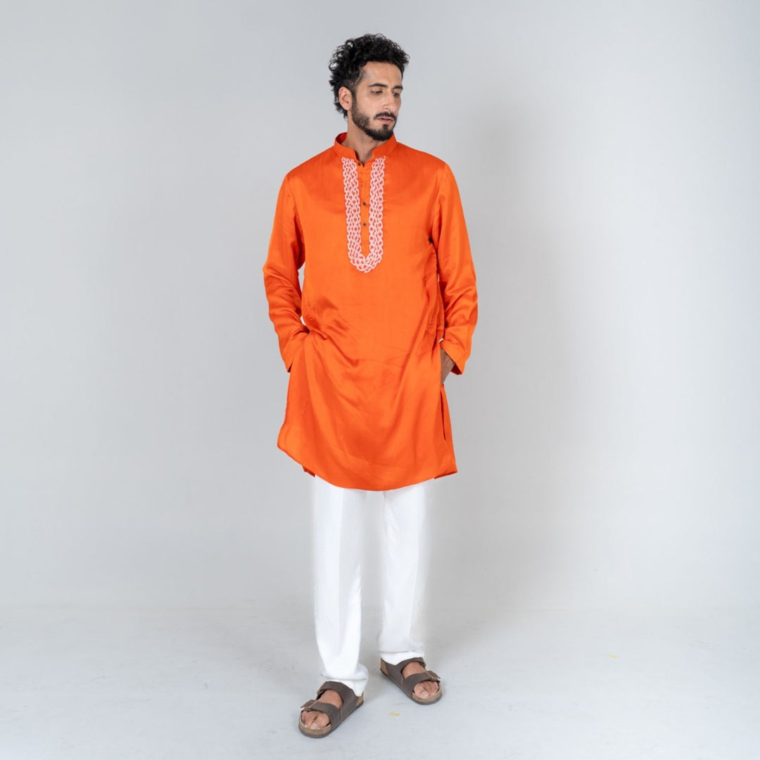 Men's Orange Braid Kurta Set | Traditional Occasion Wear | Set Of 2