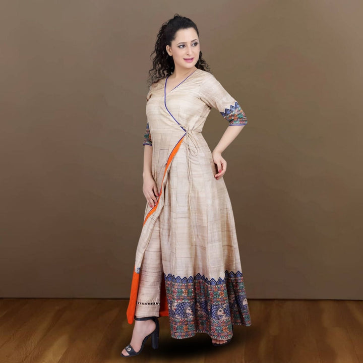 Eyana Tussar Silk Angarakha Set | Madhubani Hand-Painted | Occasion Wear | Beige