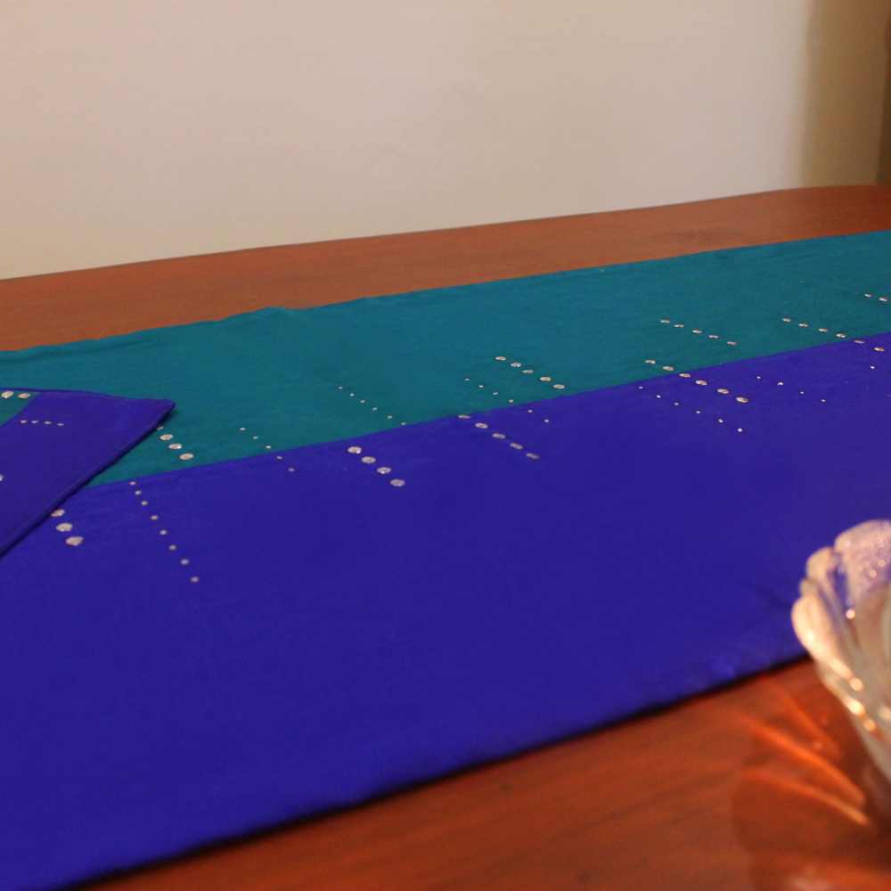 Star Gaze Runner | Blue Green | Cotton | Hand-Embroidered | 15" x 45"