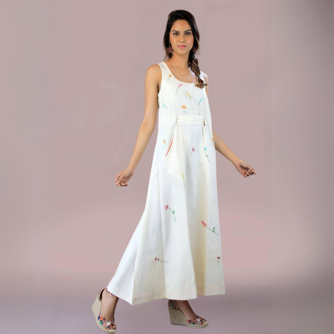 B'Creamy Affair A-Line Cotton Dress | Floral Embroidery | Incut Pocket | Off-White