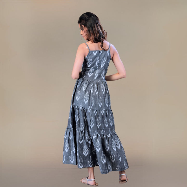 Madeline Ikat Cotton Tier Dress | Hand-Crafted | Comfortable Day Dress | Grey