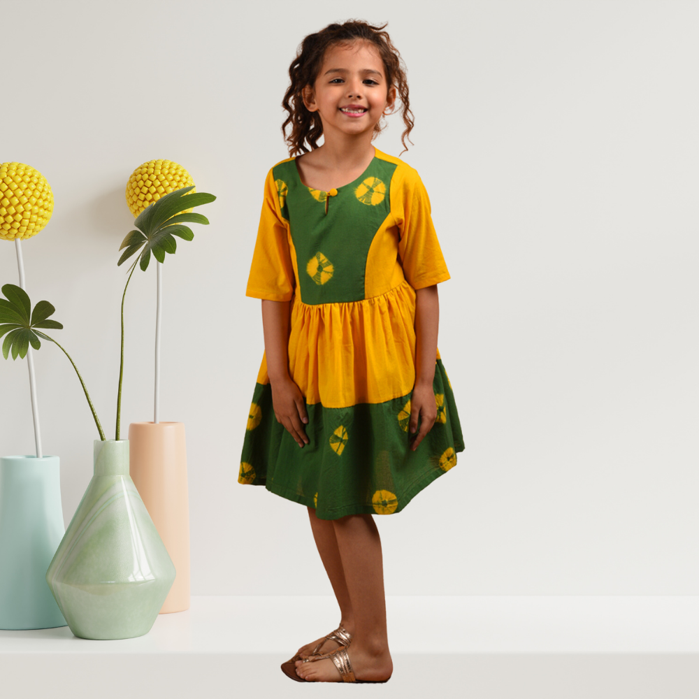 Bandhni Border Dress | Tye Dye | Kidswear | Cotton | Yellow And Green