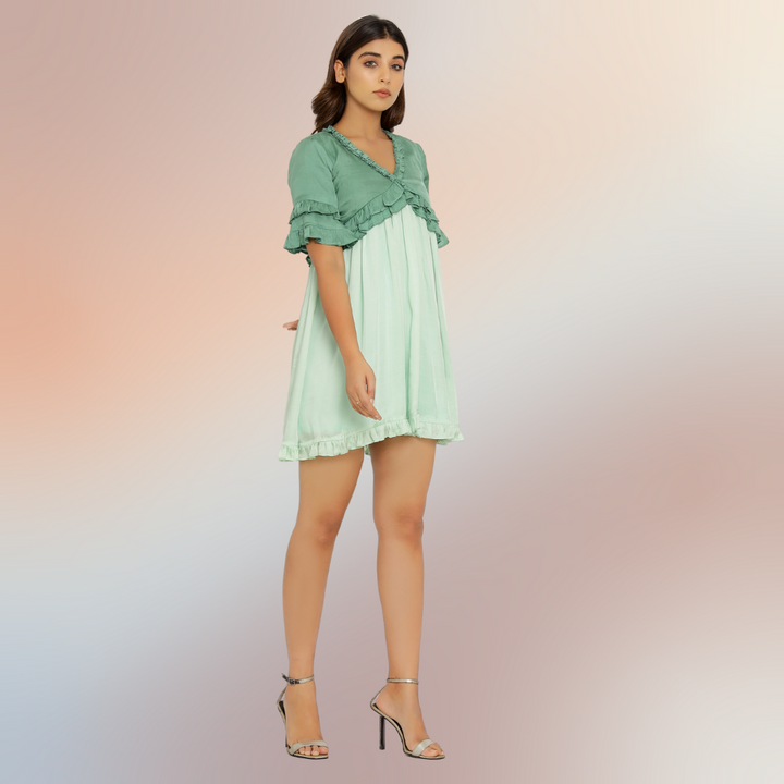 Frilled Teal-Tea Green Colour Blocked Mini Dress | Modal Silk