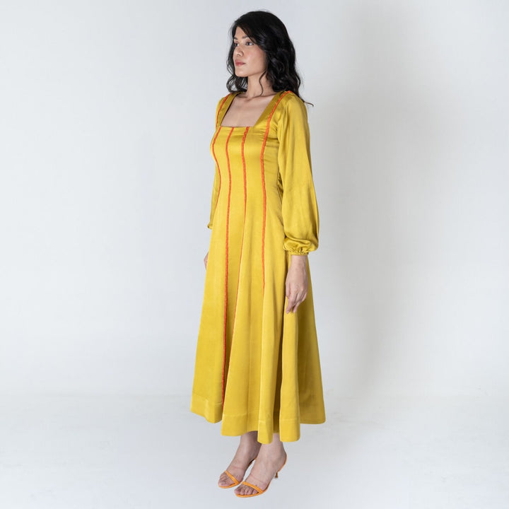 Yellow Maxi Dress | Orange Braid Embellished | Modal Silk | Statement Style