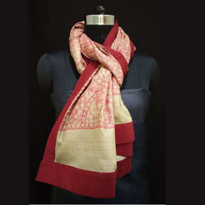 Aaoka Madhubani Painted Tussar Dupatta | Graceful | Artistic | Red & Beige