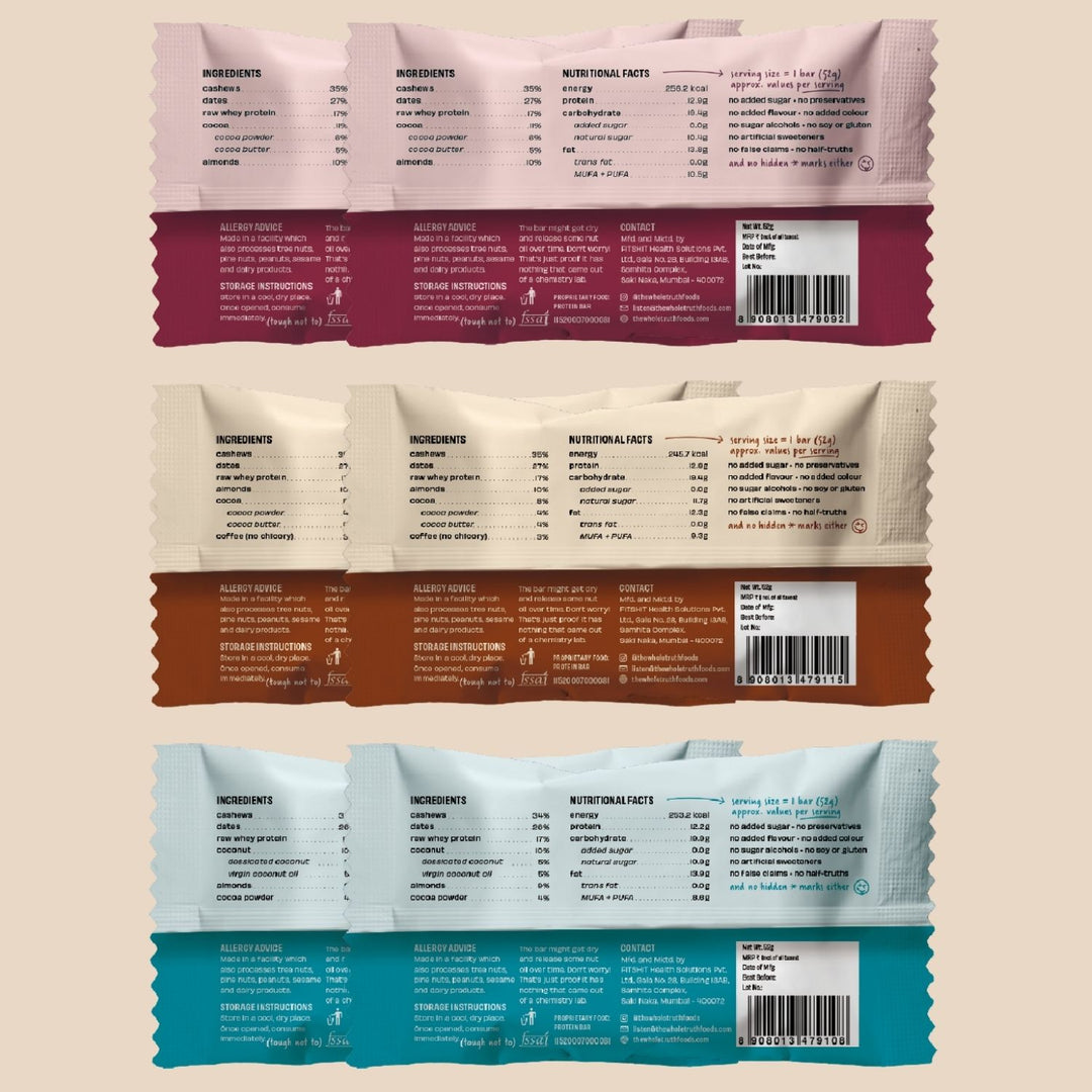 Protein Bars | Choco Variety (2 Double Cocoa Bars, 2 Coconut Cocoa Bars, 2 Peanut Cocoa Bars) - Pack of 6 x 52g | No Added Sugar | No Preservatives | No Artificial Sweeteners | Healthy Snack