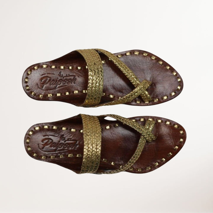 Gold Gandhi Kolhapuri Flats for Women | Hand Crafted And Hand Made By Artisans