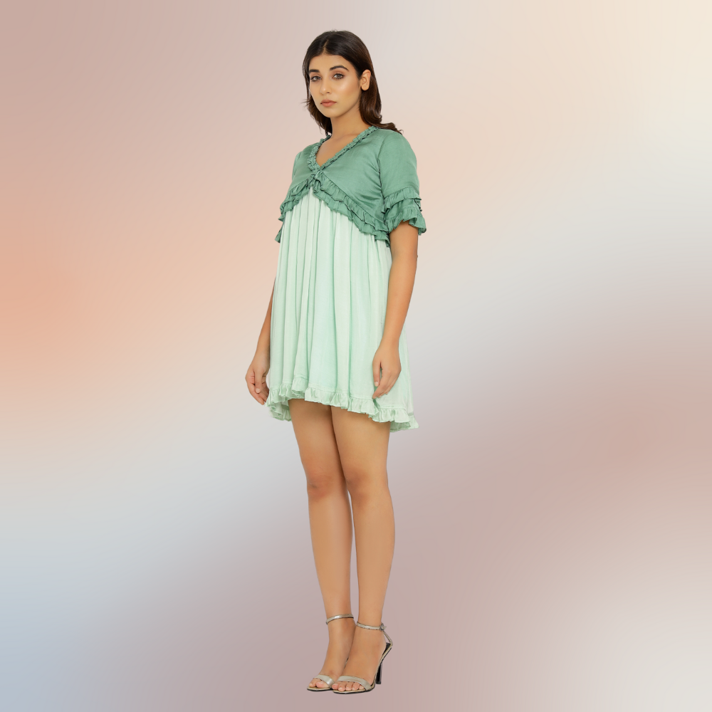 Frilled Teal-Tea Green Colour Blocked Mini Dress | Modal Silk