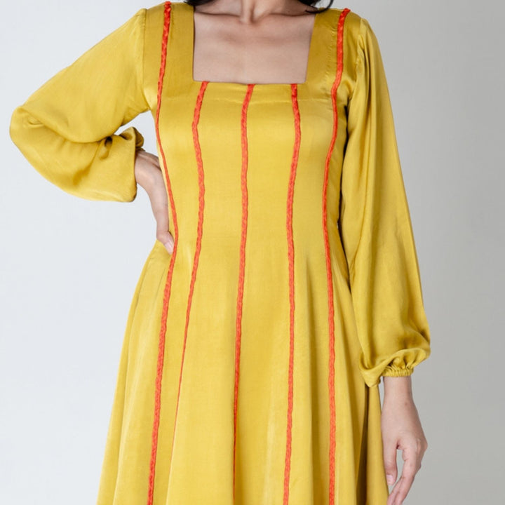 Yellow Maxi Dress | Orange Braid Embellished | Modal Silk | Statement Style