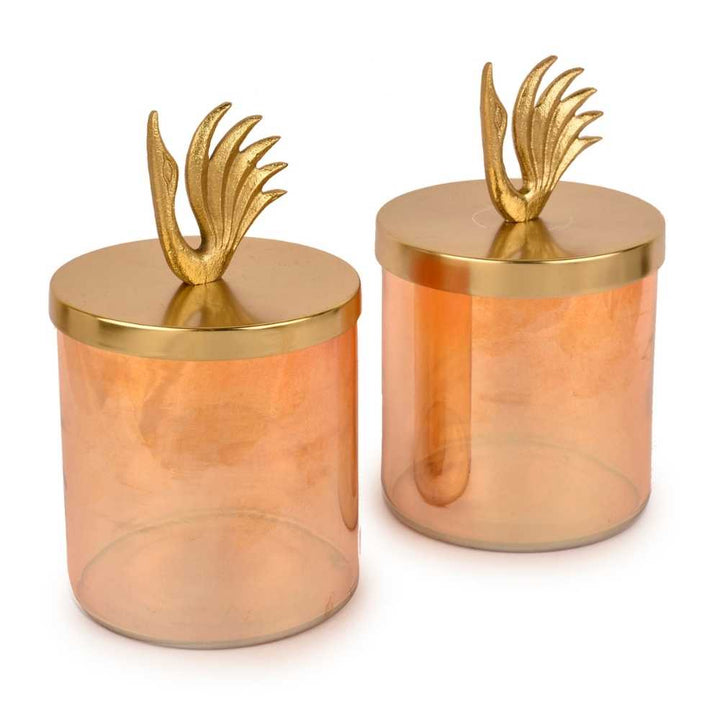 Lustre Glass Jars With Swan Lid In Set Of 2 | Decorative Glass Jar | Festive Decor Golden | 5.5 inches Tall