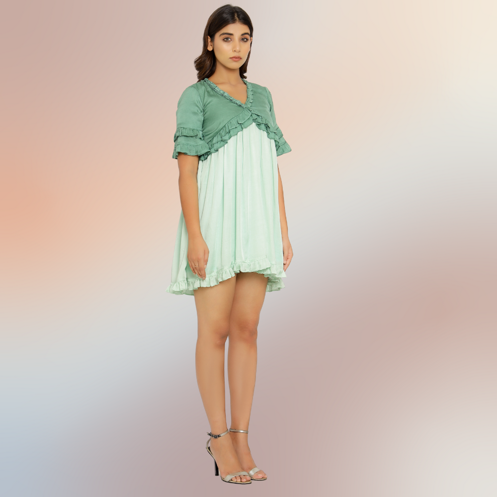 Frilled Teal-Tea Green Colour Blocked Mini Dress | Modal Silk