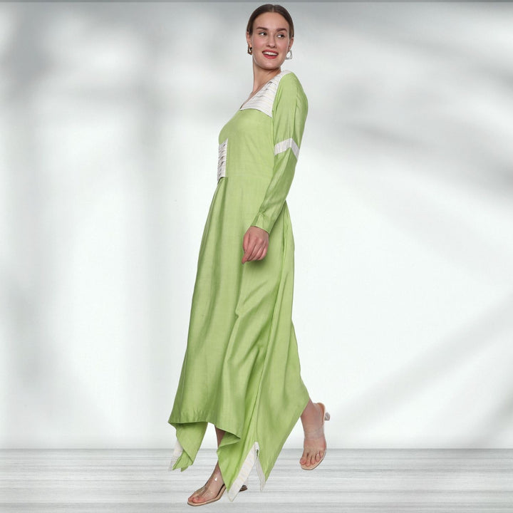 Evita Patchwork Tunic | Asymmetric | Tussar | Breeze Elegance | Pastel Green