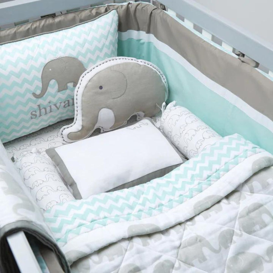 Elephant Parade Printed Grey Mini Cot Quilt Bedding Set For Babies | Organic Cotton | Set Of 4