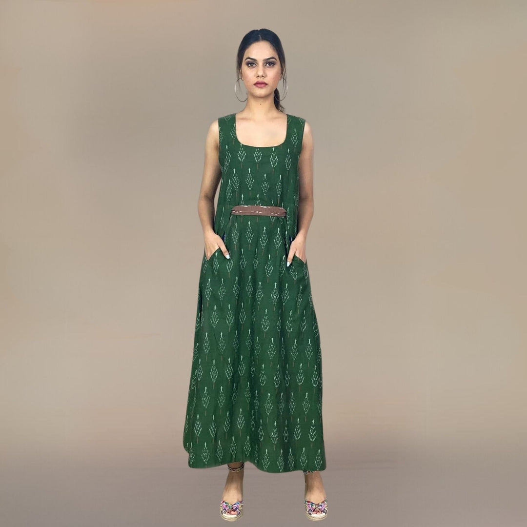 Grieshma Ikat Midi Dress | In-cut Belt Design | Everyday Casual Wear | Henna Green