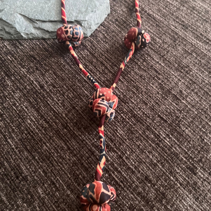 Boho Long Ajrakh Fabric Women Necklace | Artfully Designed | Hand Crafted Jewelry