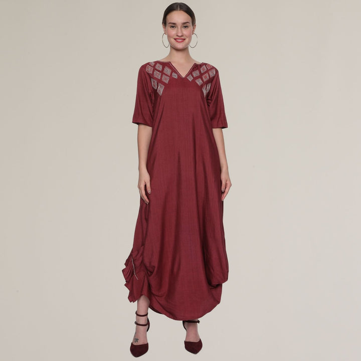 Greta Cowl Tunic | Sujani Embroidery | Hand-Crafted | Maroon