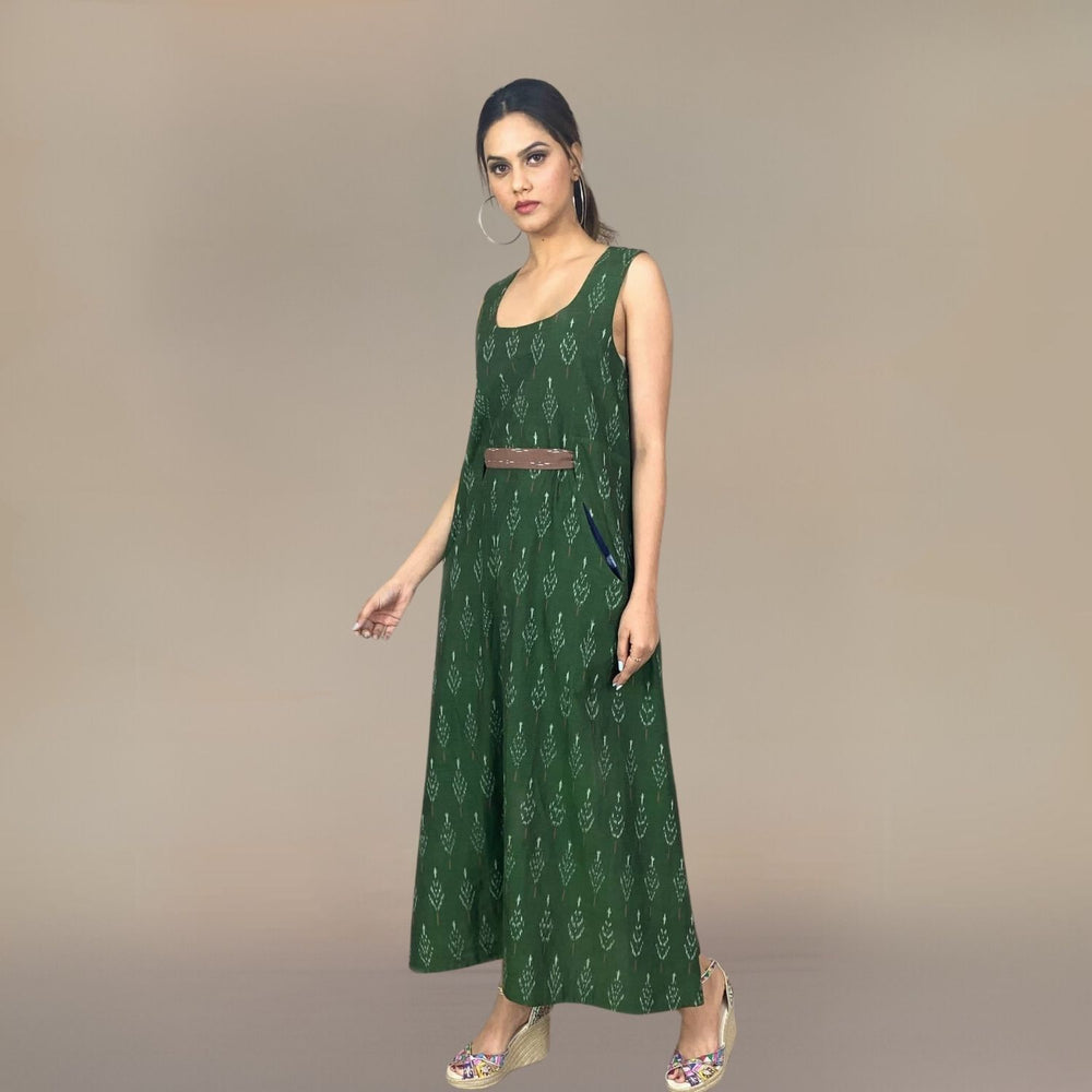 Grieshma Ikat Midi Dress | In-cut Belt Design | Everyday Casual Wear | Henna Green