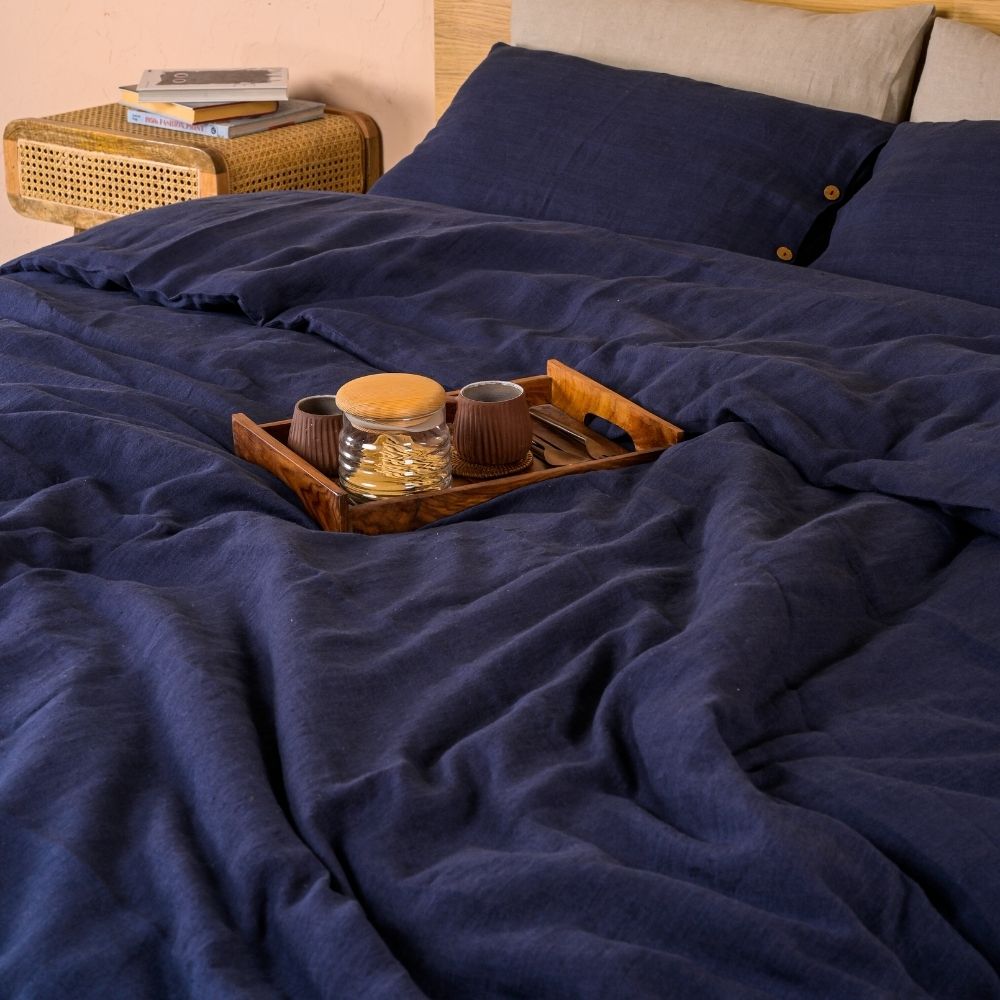 Duvet Cover Set | Refined Luxury with Classic Navy & Soothing Organic Linen