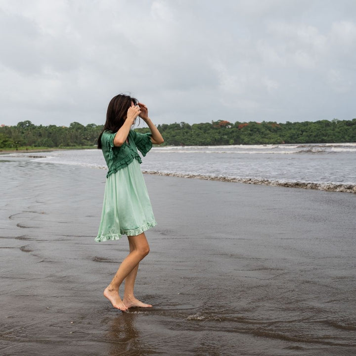 Frilled Teal-Tea Green Colour Blocked Mini Dress | Modal Silk