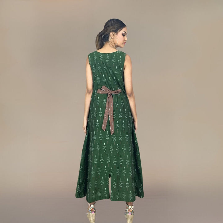 Grieshma Ikat Midi Dress | In-cut Belt Design | Everyday Casual Wear | Henna Green