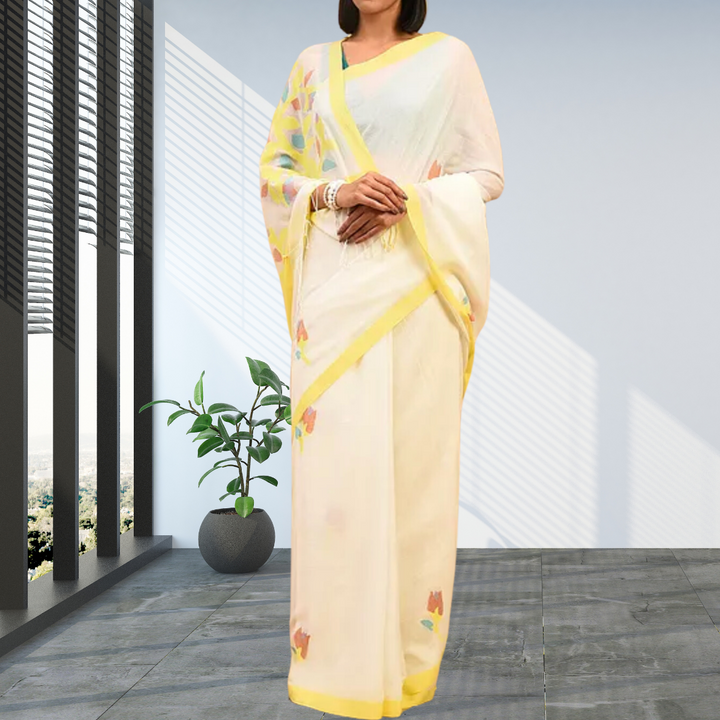 Jamdani White And Yellow Cotton Mul Mul Saree | Hand Crafted | Serene | Super Soft