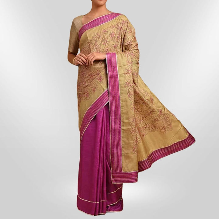 Golden & Magenta Tussar Silk Saree with Intricate Sujani Embroidery | Festive