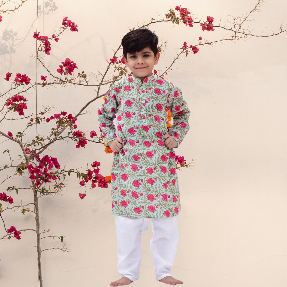 Gulaab Kurta Set | Boys Ethnic Kurta Set | Festive Wear | Cotton | Green And White