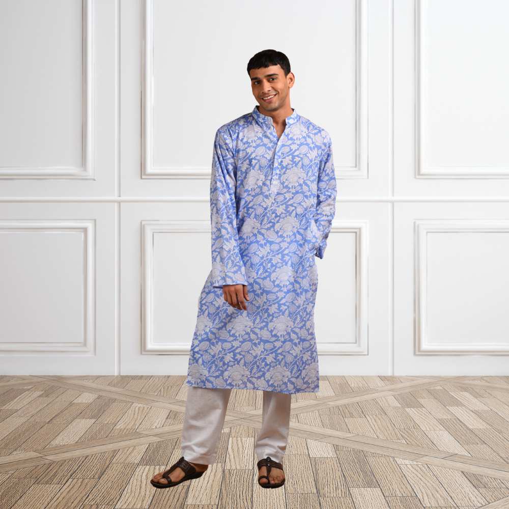 Azure Hand Block Long Kurta | Cotton | Blue And White