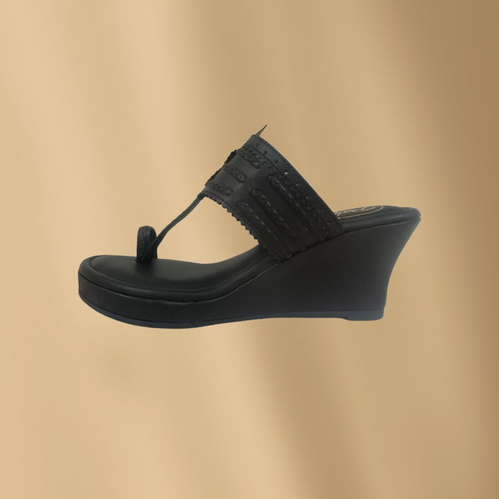 Black Wedge Heel Kolhapuris For Women | Hand-Crafted | Comfy Festive Wear