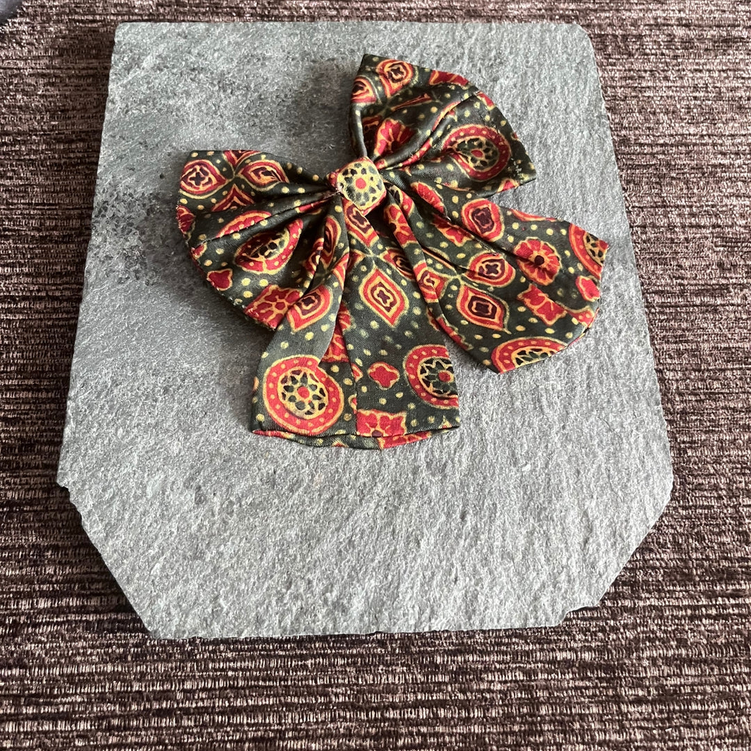 Knotted Bow Hair Clip  | Hand Crafted Accessory For Girls | Made of Green Ajrakh