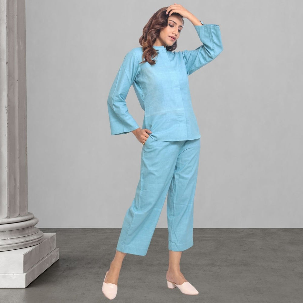 Ocean Blue Co-ord Set For Women | Hand Spun & Woven Cotton | Office Wear