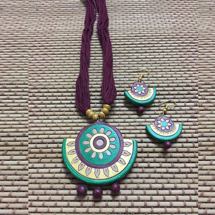 Burgundy Semi-circular Neckpiece Set  | Terracotta Clay | Ethnic Jewelry