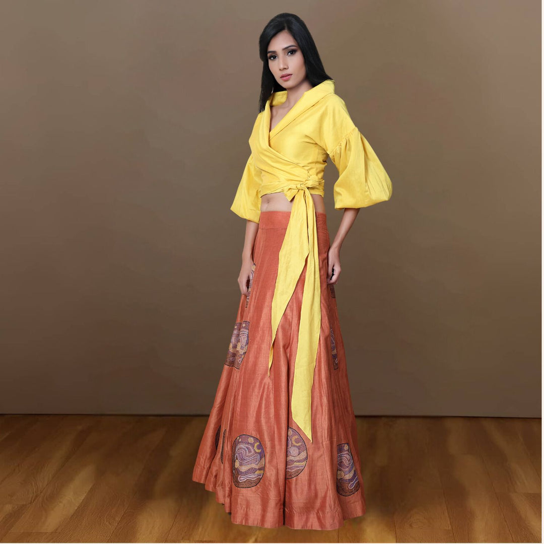 Renee Eri Tussar Silk Lehenga Set | Sujani Embroidered | Modern | Yellow & Rust