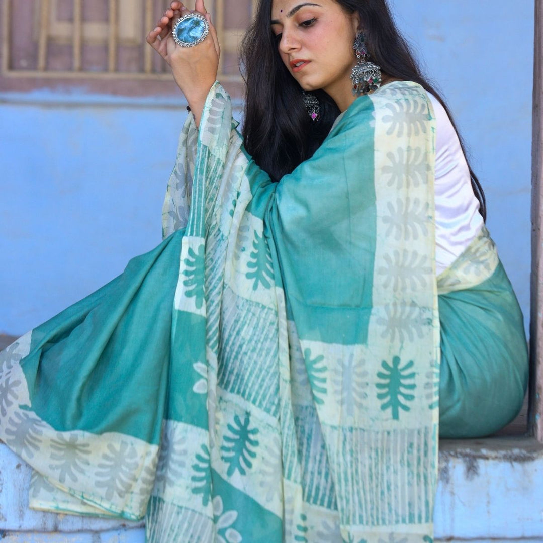 Sea Green Muslin Saree For Women | Artistic Batik Printed | Office Wear 