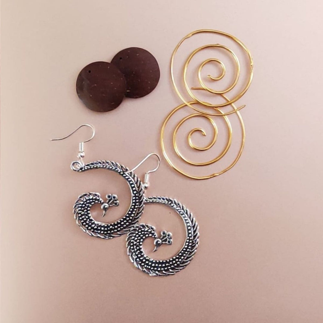 Coconut Shell Stud, Golden Circle Spirals & Antique Peacock Earrings | Set Of 3