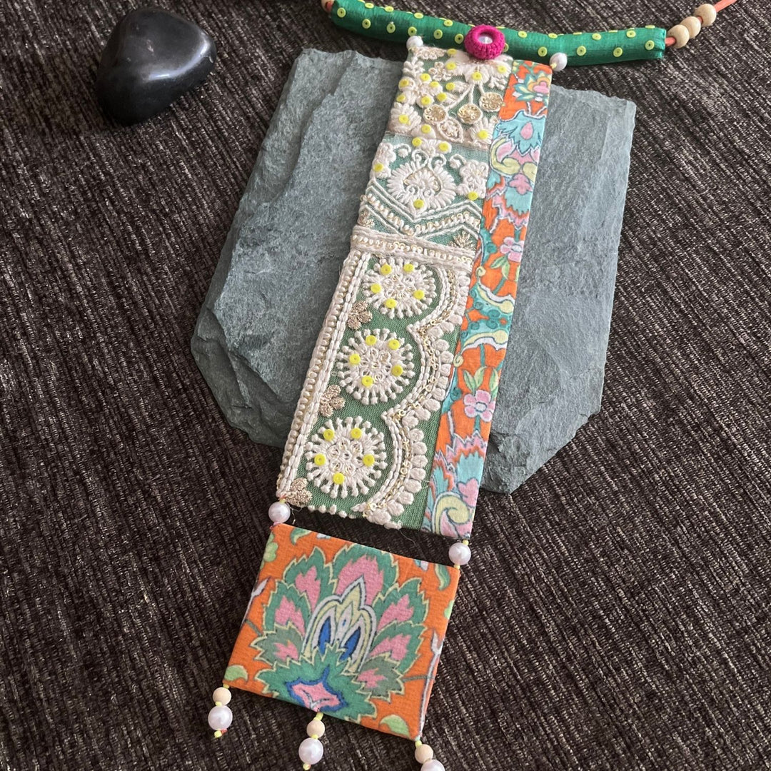 Orange and Green Long Necklace | Handcrafted Fabric Jewelry | Unique Ethnic Look