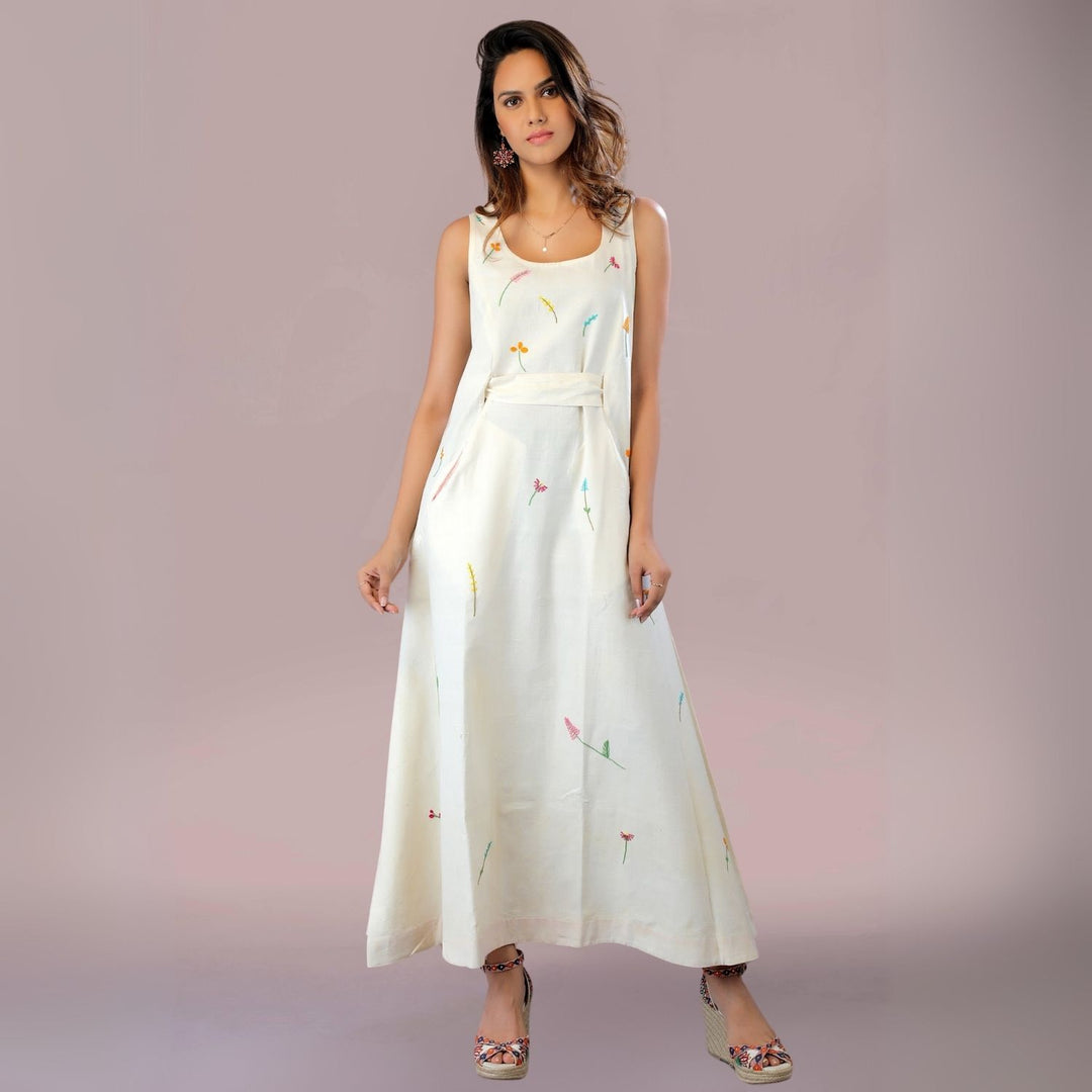 B'Creamy Affair A-Line Cotton Dress | Floral Embroidery | Incut Pocket | Off-White